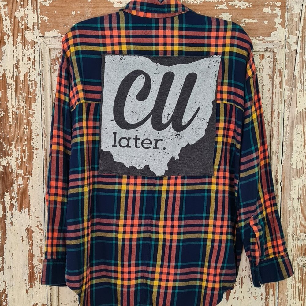 unique Flannel with patch on the back, S